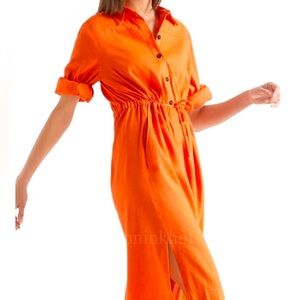 Marc Cain Orange Stretch Linen Shirt Dress